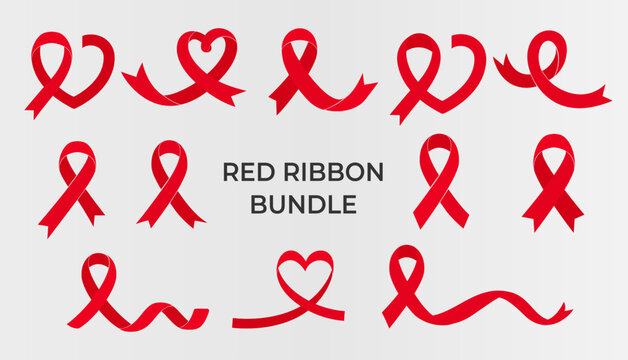 Red Ribbon Vector Set for World AIDS Day, Editable Awareness Symbol Illustration for HIV Prevention, Health Care, and Charity Campaign Design