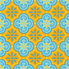 Seamless vintage, Mediterranean, Caribbean pattern wall, kitchen, bathroom, blue, yellow, orange, floor tile.