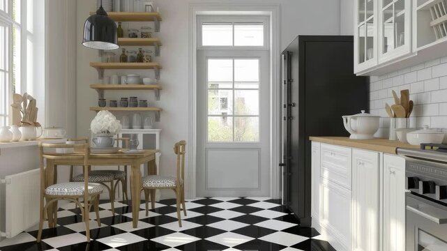 Bright modern kitchen with white cabinets, wooden countertops, and black and white checkered floor design