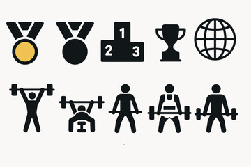 Bold sports icons: weightlifting, medals, trophies, and global competitions