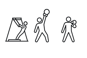 Minimalist line icons of playground activities: swinging, throwing, and holding a ball
