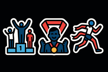 Champion celebration icons: victory podium, medal winner, and marathon runner
