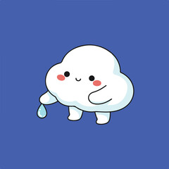 A cute white cloud character stands on a blue background, with a droplet hanging from its fluffy edge and a sweet smile on its face.