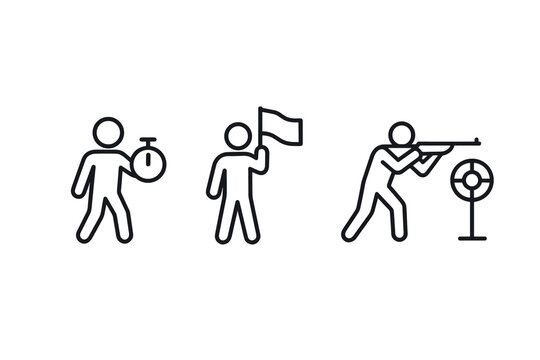 Minimalist sports pictograms: timekeeping, flag signaling, and target shooting icons