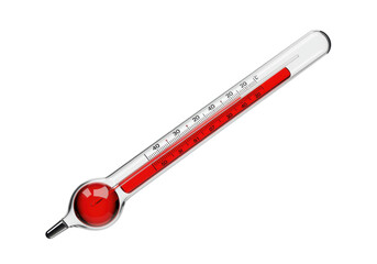 Isolated glass thermometer showing a high temperature reading indicating a hot day