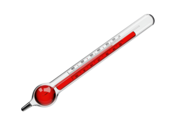 Isolated glass thermometer showing a high temperature reading indicating a hot day