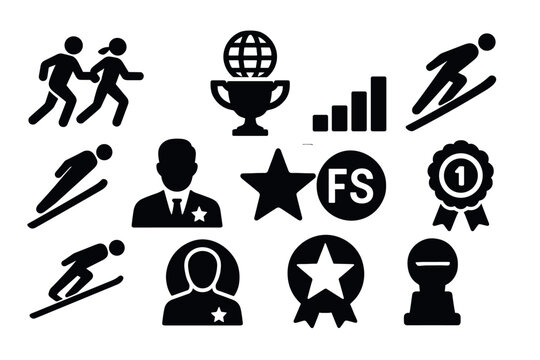 Athlete and trophy icons collection: sports, awards, and global recognition symbols