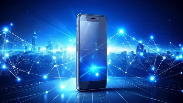 A Smart Phone Illustrating Digital Data Transfer, Connected Network and Cityscape Background - Powered by Adobe