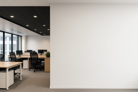 Modern open space office with minimalistic design and empty white wall, showing clean desks, black chairs, and monitors in professional work setting. Ai generative