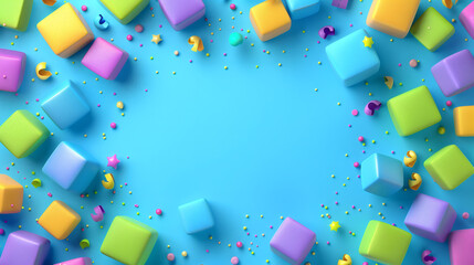Colorful birthday celebration background with 3d cubes, confetti, and streamers