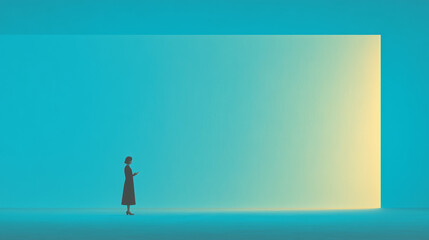 Obraz premium Abstract Minimal Scene with Woman Looking Toward Bright Light — Futuristic Concept of Discovery and Transformation