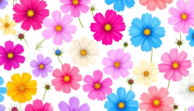Colorful cosmos flowers form a repeating seamless pattern on a white background. Delicate stems & buds included