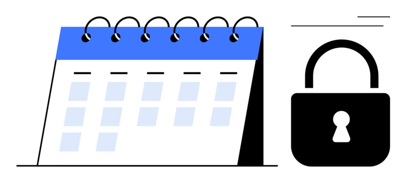 Spiral-bound calendar next to a lock, symbolizing privacy, data security, appointment control, and confidentiality. Ideal for scheduling, time management, cyber safety, planning data protection