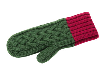 Isolated handmade woolen mitten in green and red colors for winter weather outdoor