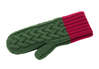 Isolated handmade woolen mitten in green and red colors for winter weather outdoor