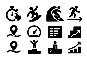 Dynamic achievement icons: action, progress, and location symbols in bold silhouette style