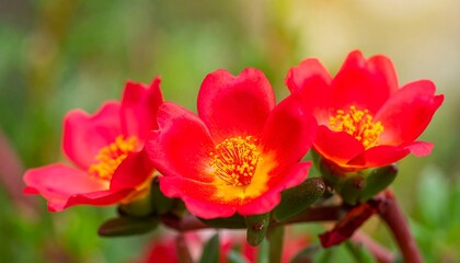 Obraz premium Close-up of three bright red blossoms with yellow centers and green foliage, soft bokeh background