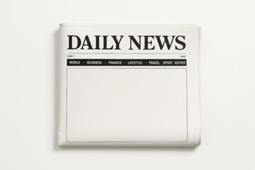 Blank front page of folded daily newspaper with headline and section titles on white background, concept of press, journalism, and media layout design. Ai generative