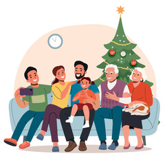 Big family  taking selfie in front of a Christmas tree on the sofa in the living room. Vector flat style illustration