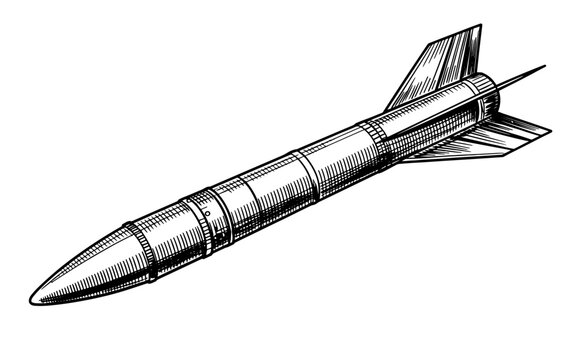 Detailed black and white vintage illustration of a missile or rocket, showing fins and cylindrical body, isolated on transparent background.