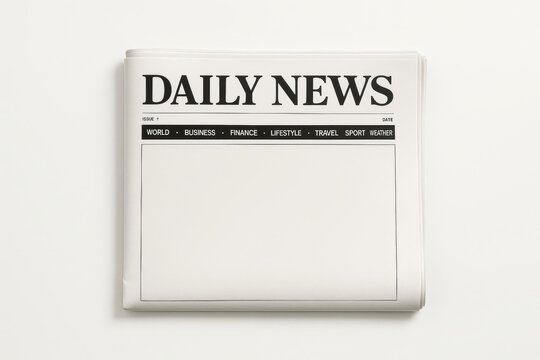 Blank front page of folded daily newspaper with headline and section titles on white background, concept of press, journalism, and media layout design. Ai generative