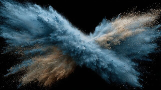 Dynamic explosion of blue and beige powder on black background with radiant burst of energy