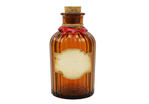 Isolated brown medicine bottle with cork stopper and wax seal, apothecary elixir jar, antique