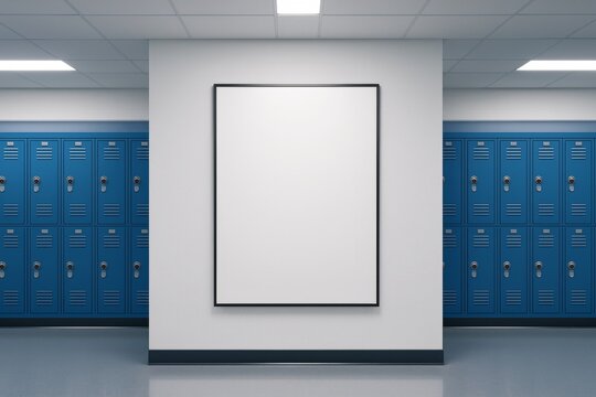 Blank vertical poster frame on a school hallway wall with blue lockers and tiled ceiling in a clean, modern educational environment. Ai generative