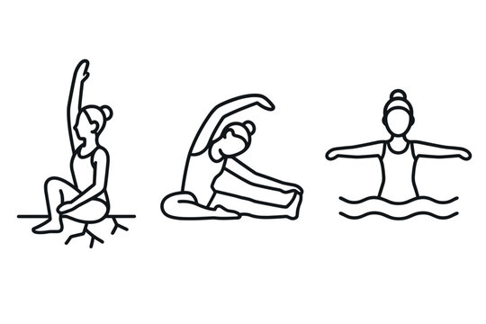 Minimalistic yoga and swimming poses in simple line art style