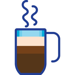 Stylized Tall Clear Glass Mug Filled With Layers Of Coffee Drink Steam Rising From The Top The Mug Is Outline Blue And White With Blue Rim And Handle And Light Blue Top Layer And Cream Color Layer