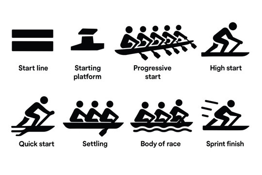 Silhouette icons of rowing techniques and race stages for athletic training