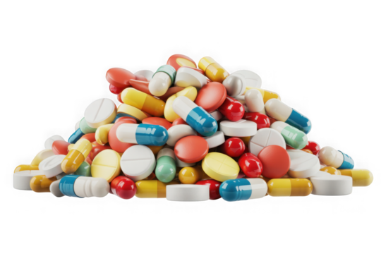 Pile of assorted colorful medical pills and capsules on a clean background isolated on transparent background