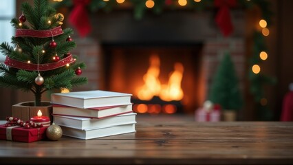 Empty Christmas scene with vintage books on wooden table, softly blurred background with decorated tree and big open fireplace brick surround, holiday cozy composition for bookstore banner