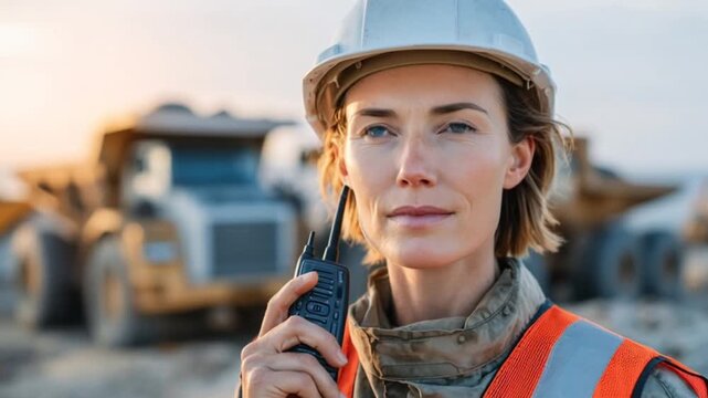 A construction worker wearing a safety helmet and orange vest communicating through a walkie talkie at an outdoor worksite