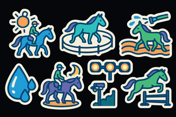 Fototapeta premium Equestrian activities icon set in vibrant cartoon style for horse riding enthusiasts