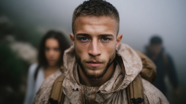 Young caucasian male hiking in fog with companions in background