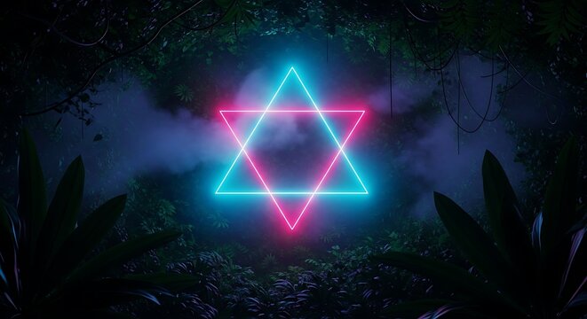 Neon star of david glowing in the jungle at night with fog and plants around