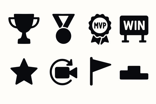 Achievement icons: trophy, medal, mvp badge, win sign, star, rewind, flag, podium