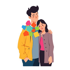 A young couple embracing warmly, surrounded by colorful sticky notes suggesting collaboration and shared plans for the future