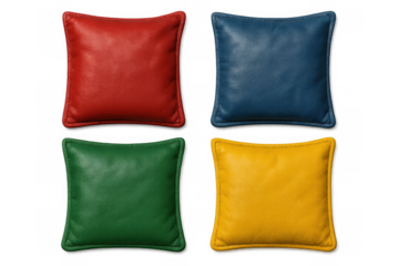 Leather pillows set in red, blue, green, and yellow, square cushions for home decor with transparent background