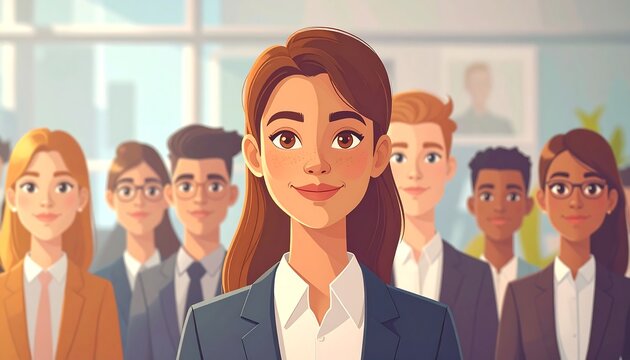 Cartoon of diverse professionals in business attire, standing in front of a bright, blurred office background