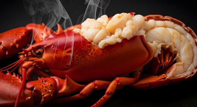 Ultra-realistic close-up of freshly cooked lobster, glistening red shell and soft white meat, cinematic studio light setup, 8K ultra HD resolution, high dynamic range, steam effect, natural color bala