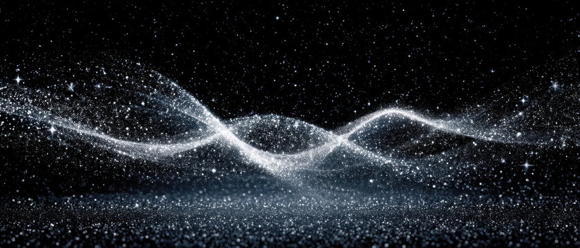 Mesmerizing wave of sparkling particles flows gracefully against dark background, creating sense of cosmic wonder and elegance. shimmering effect evokes feeling of magic and infinity