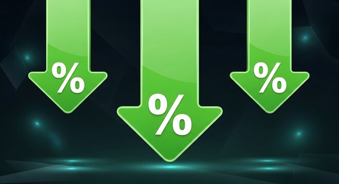 Green downward arrows with percentage symbol indicating economic recession, stock market crash, or sale