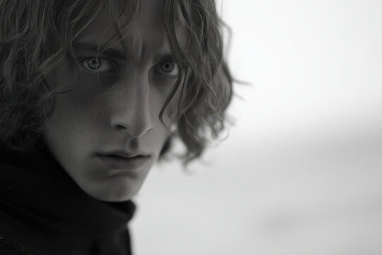 young man stands frozen with wide eyes filled with pain captured against pure monochromatic backdrop