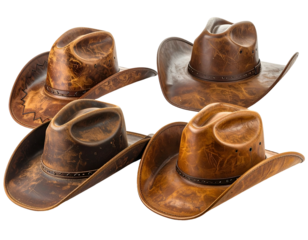 Four distressed leather cowboy hats