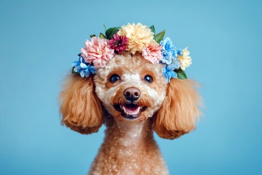 Isolated pink background, copy space, marketing pattern. Professional studio picture. Cute baby dog bulldog wearing feral flower circlet on its head - symbol of sunny vacation time.
