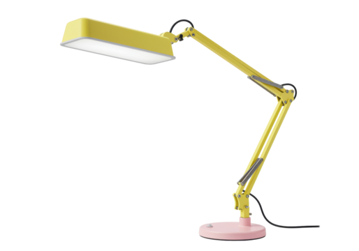Isolated yellow desk lamp with pink base casting light, contemporary interior design object