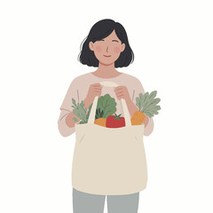 Woman holding a reusable tote bag filled with fresh produce, promoting sustainable shopping and healthy eating habits