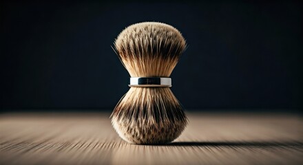 A shaving brush, upright on wood, with bristles in focus, ringed mid-handle, dark backdrop